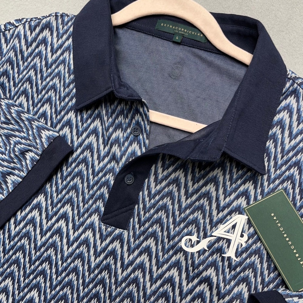 New Extracurricular Mens Blue‎ Chevron Aces Zig-Zag Polo Shirt Large